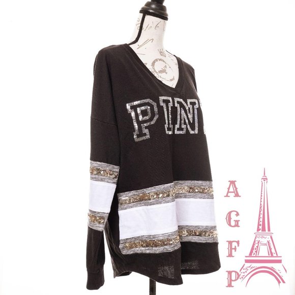 PINK VS bling Logo sequin Varsity black V neck Top - Picture 2 of 10